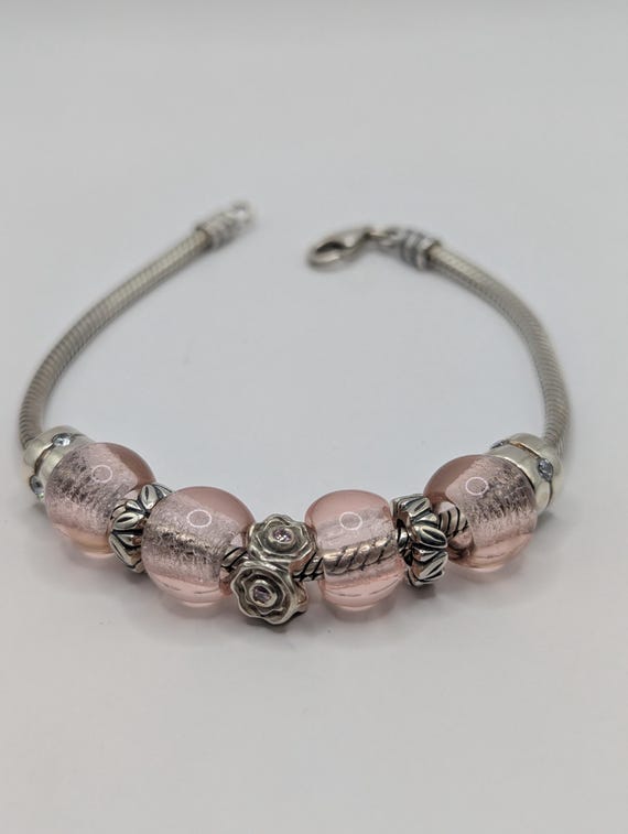 Vintage Pandora Sterling Silver 925 Pink Glass CZ Charm Bracelet
