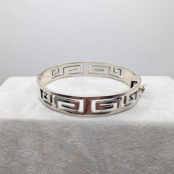Vintage Taxco Mexico Sterling Silver 925 Greek Key Motif Hinged Bangle Bracelet