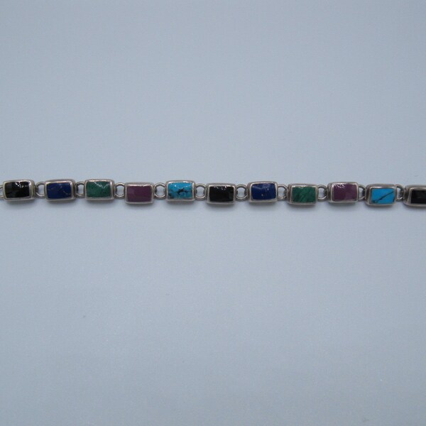 Vintage Mexico Sterling Silver 925 Multi Gemstone Inlay Toggle Bracelet