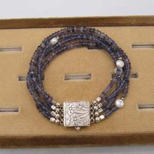 Silver Iolite White Freshwater Pearl 4 Strand Bead Bracelet