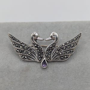 Sterling Silver 925 Marcasite Amethyst Swan Love Symbol Brooch