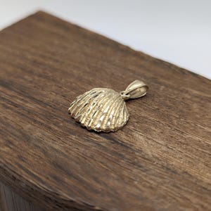 May include: A gold-colored seashell pendant with detailed ridges. The pendant is on a wooden surface. The seashell design is a classic nautical theme, suitable for jewelry or charm applications.