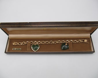 Vintage 14K Yellow Gold 585 Green Nephrite Jade Heart Charm Bracelet