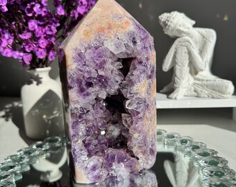 Druzy pink amethyst tower with amethyst  - healing crystals 2166