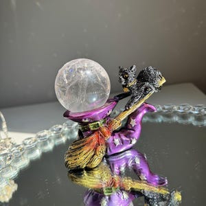 Witchy crystal sphere stand with cat broom witch hat and skull STAND ONLY crystal ball stand