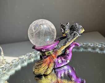 Witch Cat Broom Crystal Sphere Stand (STAND ONLY)