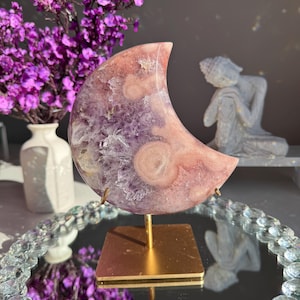 High quality double sided Pink amethyst moon with amethyst healing crystals 3070