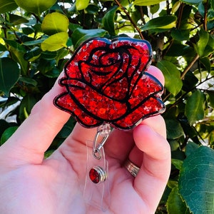 Red Rose Retractable Badge Reel, Rose Fridge Magnet, ID Holder, Gift