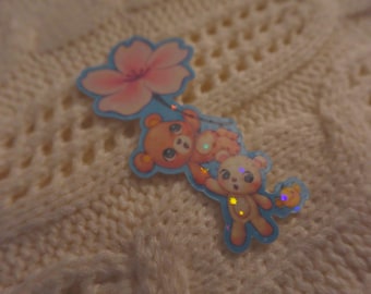 Falling Blossoms and Bears - 4" x 6" art print / 3" sticker, Pastel and Kawaii Inspired