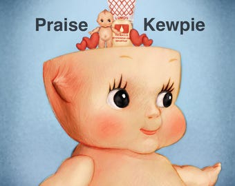 Praise Kewpie 8" x 8" Art Print / 3" Sticker by MahalMadeCo; Severance Inspired Kewpie Painting