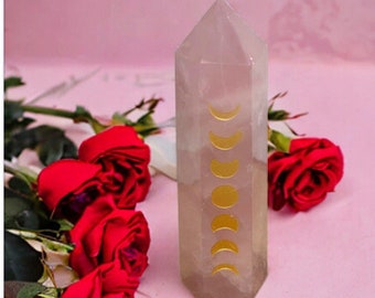 Rose Quartz Gold Etched Polished Moon Phase Tower, Rose Quartz Point, Rose Quartz Generator/Charger Love, Relationships, Protection