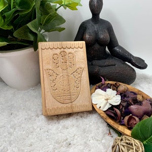 Hand of Compassion Hamsa Hand Wooden Box 4x6 Tarot Box, Altar Box, Wiccan, Carved Box, Travel Box Handmade, Divination Box, Charging Box image 1