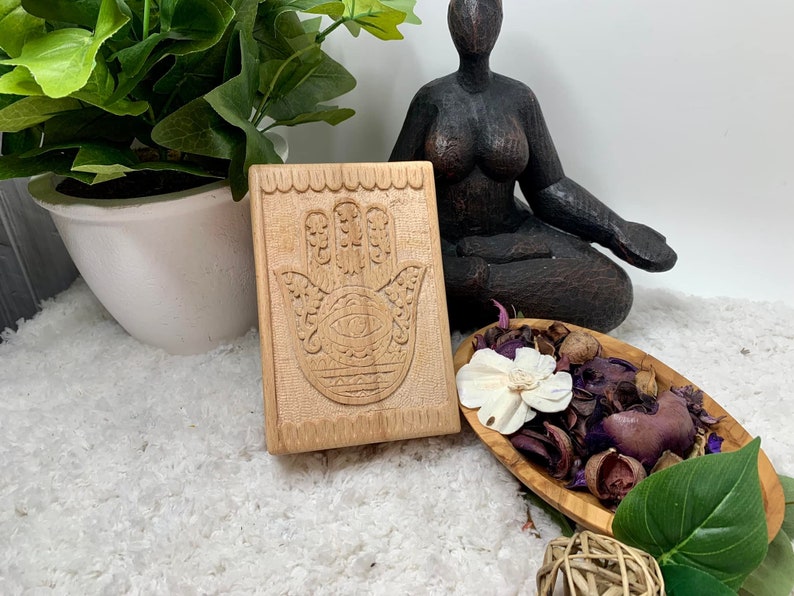 Hand of Compassion Hamsa Hand Wooden Box 4x6 Tarot Box, Altar Box, Wiccan, Carved Box, Travel Box Handmade, Divination Box, Charging Box image 1