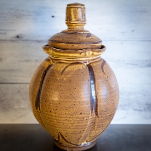 May include: A brown ceramic jar with a lid, featuring a textured, speckled glaze and a fluted design. The jar has a rounded body and a narrow neck.
