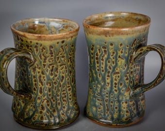16 oz handmade stoneware mug, ash glaze, pentangular altered