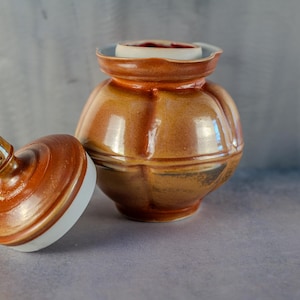 May include: A brown ceramic jar with a lid. The jar has a glossy finish and a slightly textured surface. The lid is off the jar and is sitting next to it.