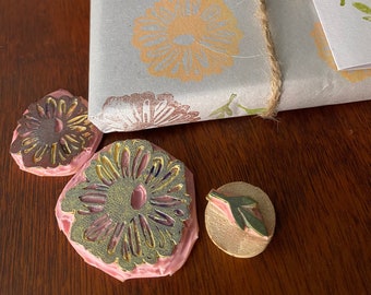 Hand Carved Daisy Flower Block Print Rubber Stamp Set original design