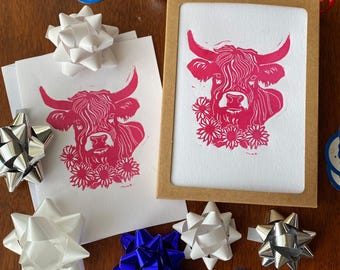 Linocut Highland Cow Holiday Cards – Linoleum Print | Hand-Printed & Eco-Friendly