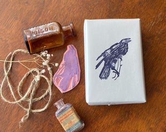 Hand-Carved Raven Rubber Stamp: Gothic Journaling, Grimoire Pages