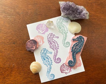 Hand Carved Seahorse Rubber Stamp Set - Coastal Beach Themed Stamps