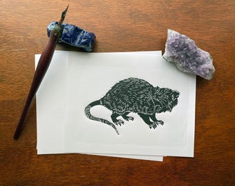 Handmade Possum Linocut Print: Quirky Cottagecore Animal Art