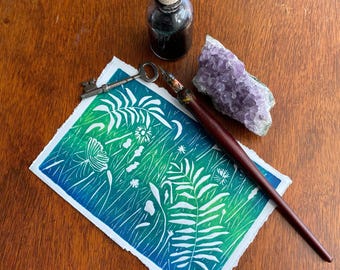 Wildflower Meadow Linocut Print – Botanical Nature Art in Green & Blue Gradient