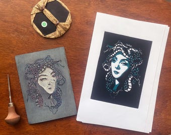 Medusa linocut reduction art print deep green and black