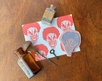 Hand-Carved Creepy Clown Rubber Stamp Halloween Horror Art for Spooky Craft Projects