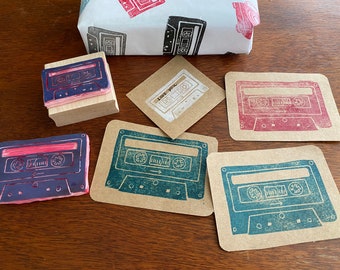Vintage Cassette Tape Design: Hand Carved rubber stamp for DIY Block Print Crafts