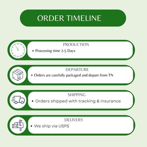 May include: Green and white infographic with the title "ORDER TIMELINE". The infographic shows a timeline of the order process, including production, departure, shipping, and delivery. The infographic includes icons for each step in the process.
