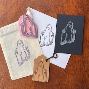 Ghost Rubber Stamp Hand Carved Halloween Stamp for Spooky Block Print Crafts, Gothic Journaling, Haunted Packaging & Treat Bags
