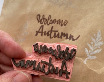 Welcome Autumn Hand Carved Rubber Stamp Block Print Craft  Fall gift/decor