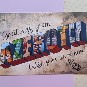 May include: A vintage-style postcard with the word "Greetings from" and the word "Azeroth" in large, colorful letters. The postcard has a brown background with a variety of images of buildings and characters from the game World of Warcraft. The text "Wish you were here!" is written in cursive at the bottom of the postcard.