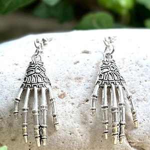 Large Silver Skeleton Hand Earrings – Metal Bone Dangle Earrings – Gothic Halloween Jewelry – Spooky Statement Earrings