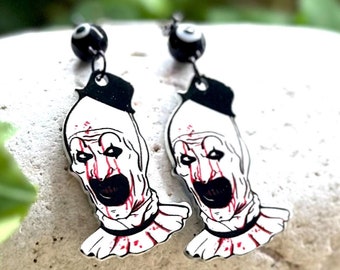 Terrifier Clown Earrings – Red Black White Dangling Horror Jewelry – Killer Clown Accessories – Halloween Earrings