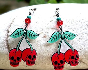 Red Skull Cherry Earrings – Red and Green Beaded Dangle Earrings – Halloween Jewelry – Spooky Sweet Accessories