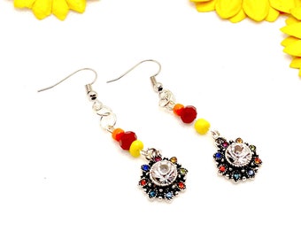 Cute Girly Summer Spring Flower Rhinestone Beaded Dangling Earrings
