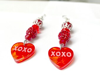 Valentine's Day Heart Love Red Rhinestone Dangling Earring xoxo