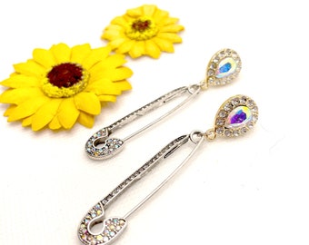 Rhinestone Safety Pin Sewing Unique Dangling Earrings