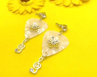 White Guitar Pick Music Flower Dangling Earrings
