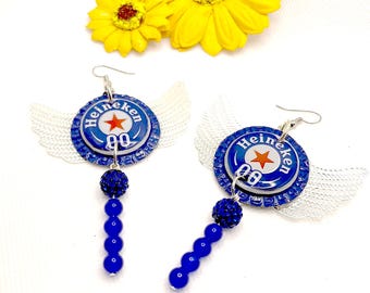 Heineken Recycled Bottle Cap Blue Winged Earrings Angel Dangling