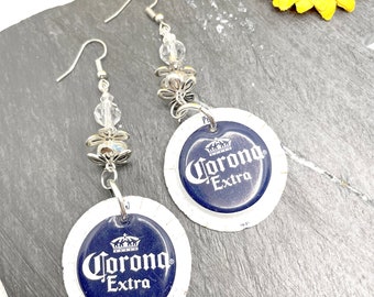 Corona Extra Bottle Cap Recycled Dangling Earrings Beaded