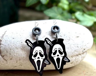 Ghost Face Earrings with Knife Through Head – Silver Circle Bead Dangle Earrings – Horror Movie Jewelry – Halloween Accessories