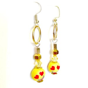 Emoji Love Smiley Face Yellow Gold Beaded Unique Dangling Earrings