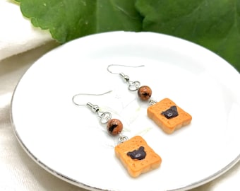 Nutella Bear Toast Earrings – Cute Kawaii Toast Dangles with Brown Granite Bead, Handmade Food Jewelry, Sweet Snack Gift