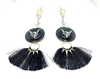 Bottle Cap Dangling Earrings Black Silver Color Chain Tassel Stone IPA Beer