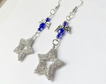 Rhinestone Angel Star Blue Dangling Elegant Earrings