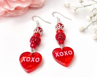 Valentine's Day Heart Love Red Rhinestone Dangling Earring xoxo
