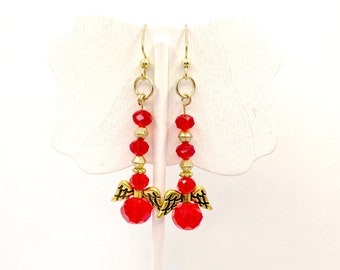 Red Angel Glass Bead Religious Dangling Earrings