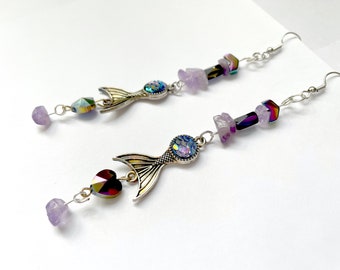 Unique Mermaid Colorful Ocean Amethyst Crystal Dangling Earrings